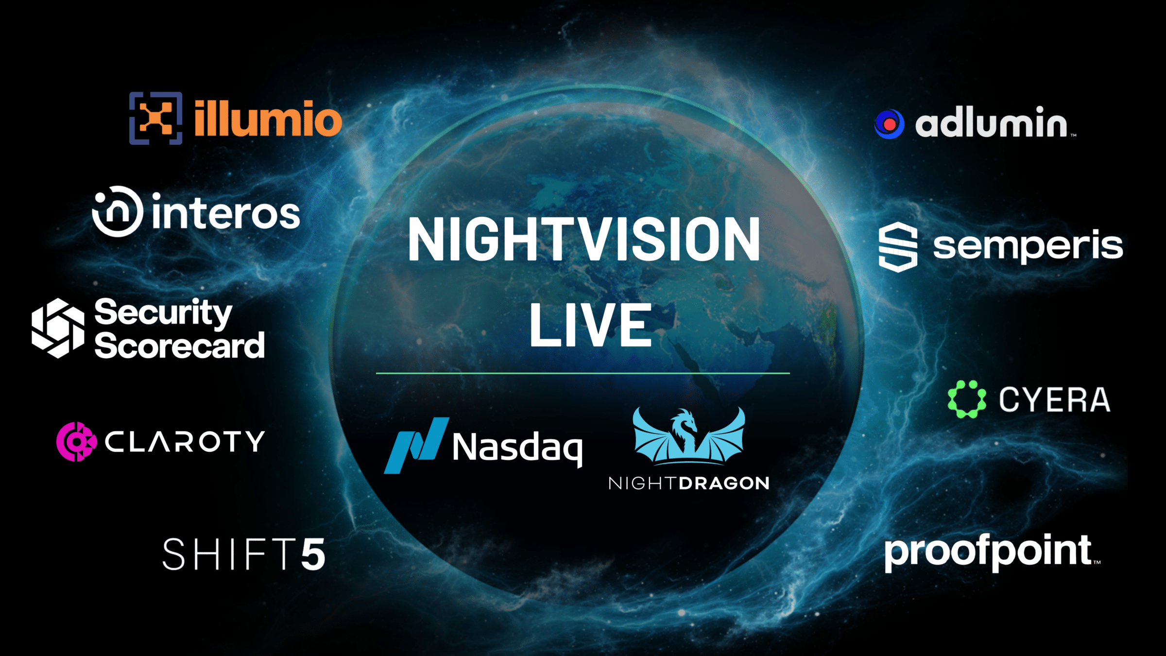 Night Vision Live event social card with logos around black sphere with blue glow background image.